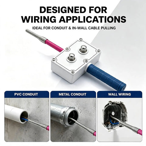 Heavy Duty Portable Wire Pulling Tool With Cord Adapter For Electricians, Compact E-Hand Cable Feeder in action with conduit.
