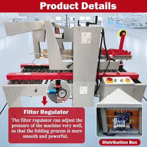 Heavy Duty Plug And Play Automatic Case Sealing Machine And Dual Flap Box Tagger with filter regulator for pressure adjustment.