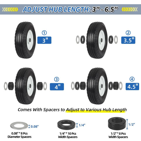 Flat Free Tire And Wheel 4.10 3.50 6 Size For Wheelbarrow And Hand Truck with adjustable hub length options, spacers shown.