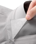 240 Pack Invisible Adhesive Shirt Collar Stays Ditch The Droop And Keep Your Dress Shirts Fresh All Day Long No More Frumpy Creases Just Slide Inside And Zip Up A Crisp Clean Look Without Any Clunky Plastic Or Sticky Residue, showing application on shirt.