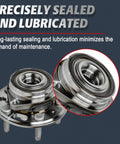Close-up of front and rear wheel bearing hub assembly 5 lug direct fit replacement for 2010 2017 Buick Lacrosse Regal Cadillac XTS Malibu Impala with encoder ABS 3 bolt triangular flange 513288.
