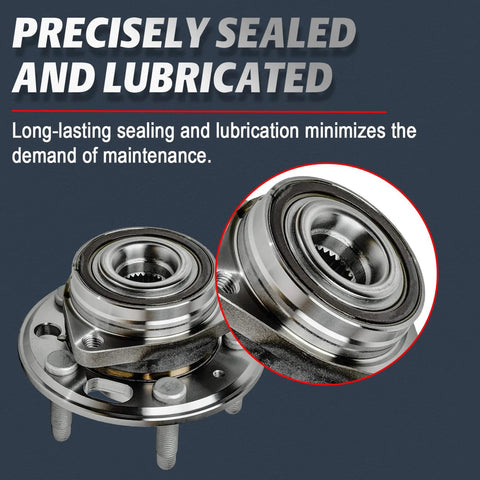 Close-up of front and rear wheel bearing hub assembly 5 lug direct fit replacement for 2010 2017 Buick Lacrosse Regal Cadillac XTS Malibu Impala with encoder ABS 3 bolt triangular flange 513288.