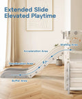 Close-up of toddler playset slide with labeled acceleration and buffer areas with cream and gray design indoors.