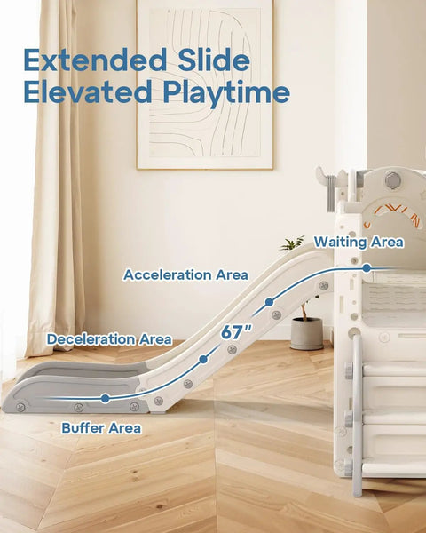 Close-up of toddler playset slide with labeled acceleration and buffer areas with cream and gray design indoors.