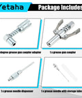 Image of 4 Pack Grease Gun Fitting Kit With 90 Degree Coupler And Needle Dispensers For Hard To Reach Zerk Fittings, Versatile Grease Gun Adapters For Cars, Trucks, And Heavy Machinery with individual components displayed including 90-degree adapter, grease gun coupler, and needle dispensers with storage tube.