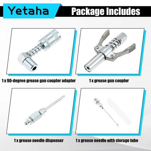 Image of 4 Pack Grease Gun Fitting Kit With 90 Degree Coupler And Needle Dispensers For Hard To Reach Zerk Fittings, Versatile Grease Gun Adapters For Cars, Trucks, And Heavy Machinery with individual components displayed including 90-degree adapter, grease gun coupler, and needle dispensers with storage tube.