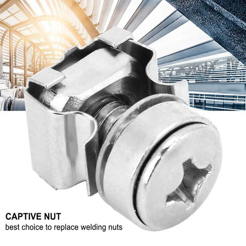 Close-up of plated iron cage nut from M5 X 16 Rack Screws And Cage Nuts Kit For Square Hole Server Racks And Electrical Enclosures