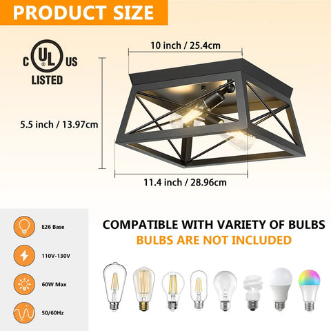Industrial Ceiling Light Fixture 2 Light Farmhouse Semi Flush Mount Black Metal Cage With Faux Wood Finish product size diagram