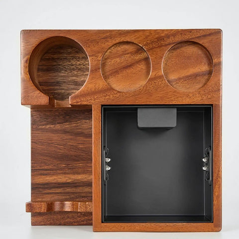 Solid Wood Espresso Tamper Holder Combo With Integrated Knock Box And Grounds Bin Fits Standard 58 Millimeter Portafilters, top view of wooden stand and black bin.