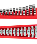 Half Inch Drive Crowfoot Wrench Set With Rack 11 Piece Metric Wrenches 17 To 32 Mm on red rack, top and side view.