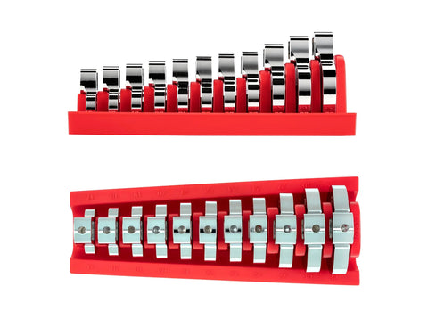 Half Inch Drive Crowfoot Wrench Set With Rack 11 Piece Metric Wrenches 17 To 32 Mm on red rack, top and side view.