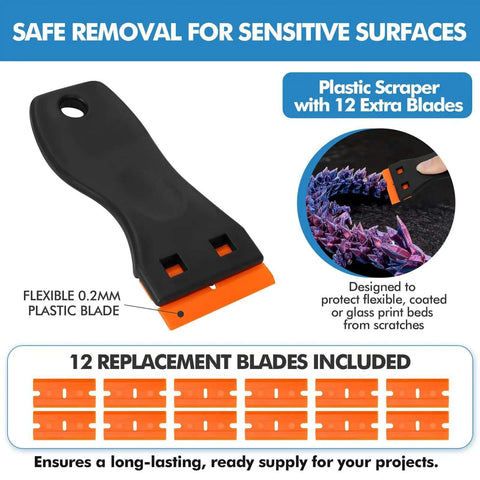 Flexible plastic scraper with 12 replacement blades for Dual Tool 3D Printer Scraper Set With Angled Metal Spatula.