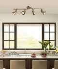 Gold LED Track Lighting Kit With Adjustable Ceiling Spotlights, Four Lights, Rotatable Heads For Kitchen And Living Areas