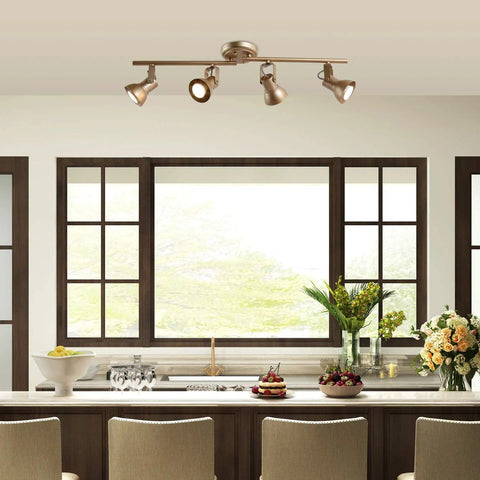 Gold LED Track Lighting Kit With Adjustable Ceiling Spotlights, Four Lights, Rotatable Heads For Kitchen And Living Areas
