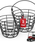 Two Pack Golf Ball Basket With Handle, Portable Stainless Steel Buckets That Hold 50 Balls shown with golf cart