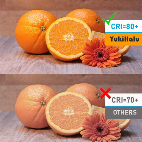 Comparison of oranges and flowers under LED Refrigerator Light Bulb 60W Equivalent A15 with different CRI values: 80+ and 70+