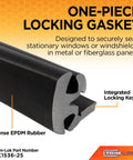 Cross-section view of one-piece EPDM Dense Rubber Locking Window Gasket for 1/4 inch glass and panel, featuring integrated locking key