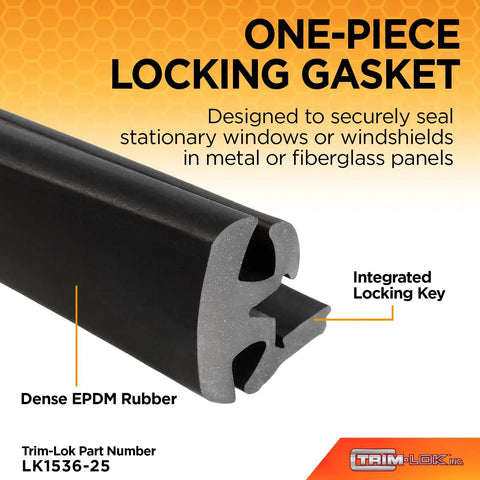 Cross-section view of one-piece EPDM Dense Rubber Locking Window Gasket for 1/4 inch glass and panel, featuring integrated locking key