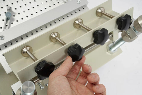 Workhorse Solder Paste Printer For SMT PCB Stencil Printing With Adjustable Height And Movable Positioning Base close-up of adjustment knobs