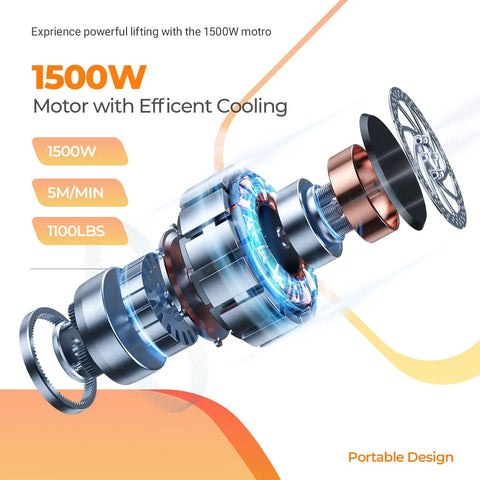 1500W motor with efficient cooling for All In One Electric Hoist Winch 1500W Portable Power Lift And Pull Utility For 110V Shops