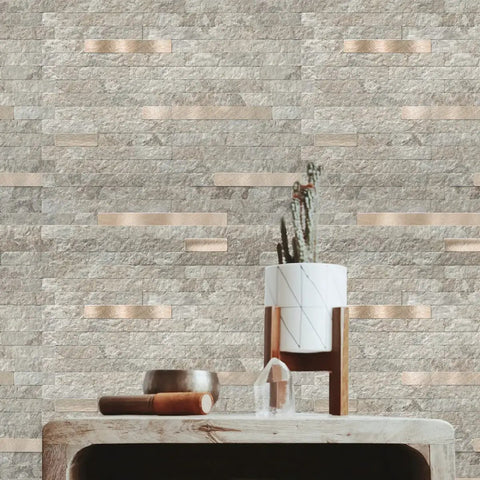 Peel And Stick Collage Tile Set For Kitchen Backsplash 20 Sheets Ecru Slate Look Waterproof PVC Composite Laminate in room view.
