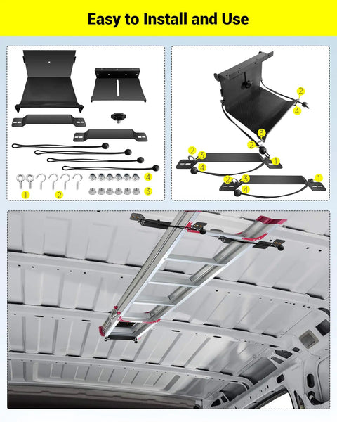 Heavy Duty Van Interior Ladder Storage Holder Overhead Truck Trailer Roof Rack Organizer Space Saving Gear Mount No Sweat Install Keep Your Ride Locked Down Clean