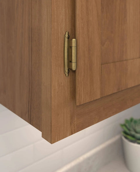 Installed Burnished Brass Face Frame Cabinet Hinge Set With Variable Overlay And Reverse Bevel 30 Degree Self Closing
