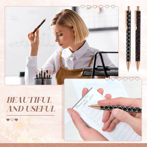 Person using Six Pack Ballpoint Pen Set With Metal Crystal Diamond Accents for journaling, pens in holder