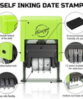 Reliable Self Inking Date Stamp With Rock Solid Green Body And Two Black Refill Pads For Hustling Offices And Home Desks Quick Drying Ink That Slaps Crisp Custom Marks All Day Long Without Causing Any Major Paperwork Hassles showing close-up view with smooth design and flexible gears.
