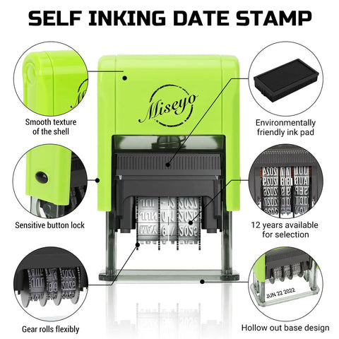 Reliable Self Inking Date Stamp With Rock Solid Green Body And Two Black Refill Pads For Hustling Offices And Home Desks Quick Drying Ink That Slaps Crisp Custom Marks All Day Long Without Causing Any Major Paperwork Hassles showing close-up view with smooth design and flexible gears.