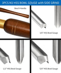 Built Solid Three Pack M2 High Speed Steel Bowl Gouge Set For Wood Turning with three gouges, beech handle, and side grind design.