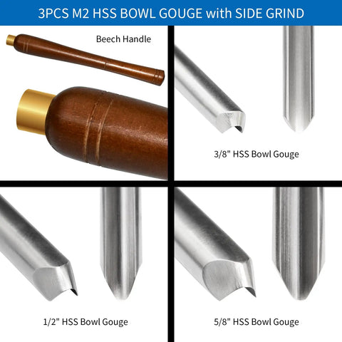 Built Solid Three Pack M2 High Speed Steel Bowl Gouge Set For Wood Turning with three gouges, beech handle, and side grind design.