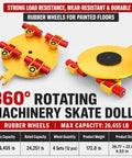360° rotating machinery skate dolly rated for 26,455 lb with rubber wheels for painted floors, heavy-duty yellow design.