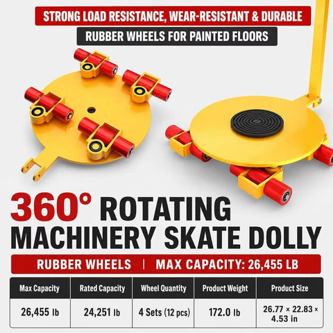360° rotating machinery skate dolly rated for 26,455 lb with rubber wheels for painted floors, heavy-duty yellow design.