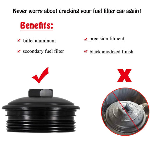 Fuel pressure test kit with black billet aluminum fuel filter cap and pressure port for Ford 2003–2007 6.0L Powerstroke F-Series
