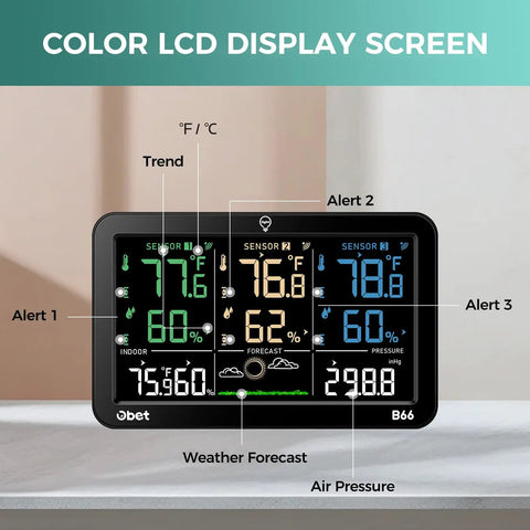 Weather Station With 3 Wireless Indoor Outdoor Sensors Color LCD Display Digital Thermometer And Humidity Monitor With Custom Alerts And Adjustable Backlight USB Port And 500 Feet Range, featuring detailed climate readings on screen.
