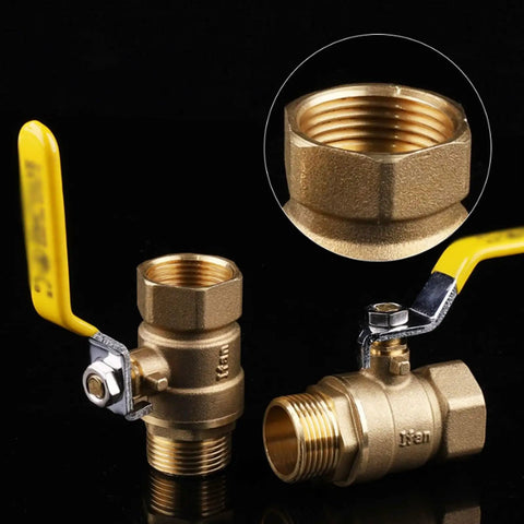 Premium Thick Walled Solid Brass Ball Valve Featuring Double Female Threads For Tight Pipe Hookups And Corrosion Free Sealing, 1/2 inch, with yellow handle.