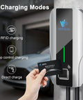 Straight Up Heavy Duty J1772 Level 2 Electric Vehicle Charger With Slick WiFi App Control, RFID Keycard, showing three charging modes.