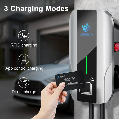 Straight Up Heavy Duty J1772 Level 2 Electric Vehicle Charger With Slick WiFi App Control, RFID Keycard, showing three charging modes.