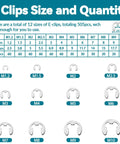900Pcs E Clips And C Clips All In One Assortment Kit chart showing sizes M1.2 to M10 for gears pulleys shafts retaining clips