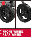 Front and rear wheels of Easy Start 18 Inch Gas Lawn Mower With 144cc OHV Engine Steel Deck Side Discharge