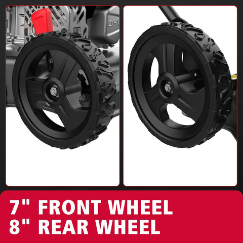 Front and rear wheels of Easy Start 18 Inch Gas Lawn Mower With 144cc OHV Engine Steel Deck Side Discharge