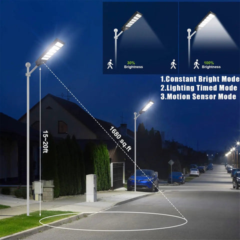 Image of 1000W Solar Street Light With Motion Sensor 80000LM IP65 Waterproof Outdoor Flood Light illuminating a suburban street.