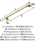 Heavy Duty Oversized Appliance And Cabinet Handle Pull In Champagne Bronze For Large Paneled Cabinets And Appliances, Eighteen Inch Center To Center, Nineteen And A Quarter Inch Total Length Mulholland Traditional Style Kitchen And Bath Hardware with dimensions diagram.