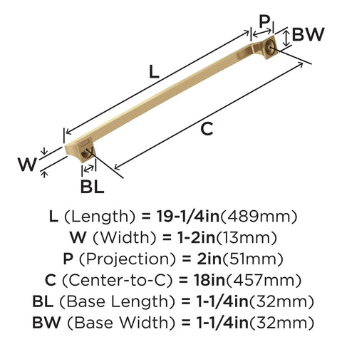 Heavy Duty Oversized Appliance And Cabinet Handle Pull In Champagne Bronze For Large Paneled Cabinets And Appliances, Eighteen Inch Center To Center, Nineteen And A Quarter Inch Total Length Mulholland Traditional Style Kitchen And Bath Hardware with dimensions diagram.
