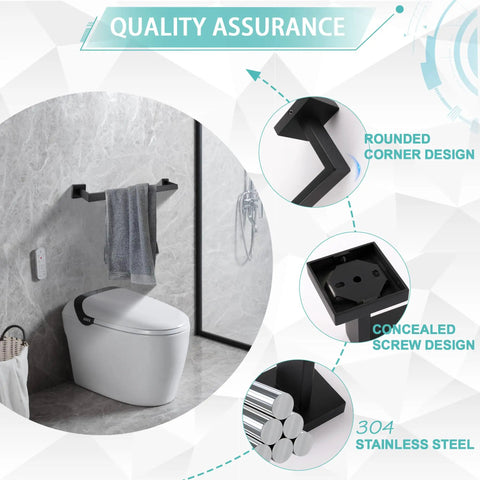 2 Pack Matte Black 24 Inch Stainless Steel Bathroom Towel Bar Set Wall Mount Towel Rack Hanger shown above toilet with design features inset