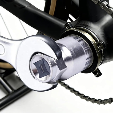 Close-up of the 16mm spanner from the Crank Extractor Tool Set For Bikes with 20 Tooth Bottom Bracket Remover in use