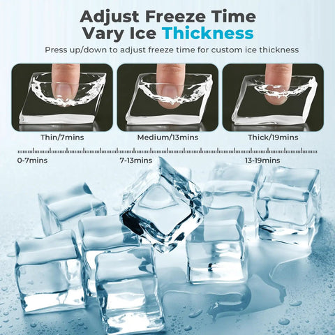 Adjustable freeze time options for Top Tier Countertop Ice Cube Maker Delivers Legit Square Ice In Mere Minutes While Pulling 26 Pounds Per Day.
