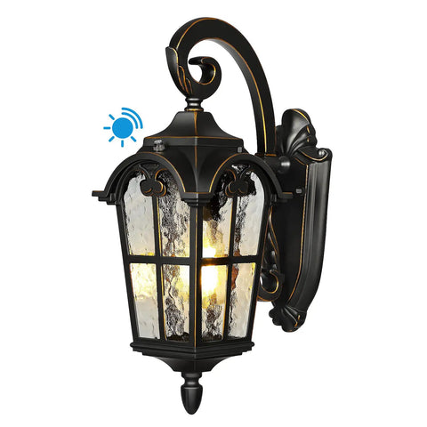 Dusk To Dawn Outdoor Wall Light With Built In Sensor No Fuss Easy Install Auto On Off At Night Waterproof Exterior Lantern Black Roman Style 17.7 Inch Sconce For Porch House Garage Or Patio E26 Socket Weather Resistant, featuring vintage design and illuminated glass shade.