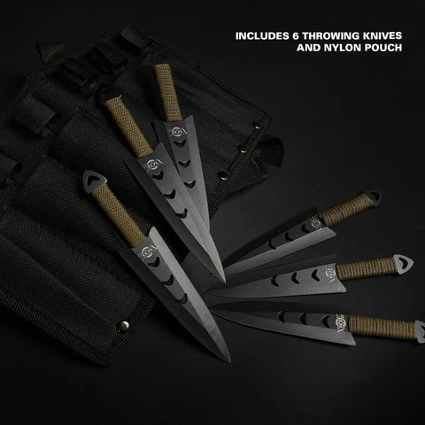 Six Piece Tactical Combat Kunai Throwing Knife Set with Sheath Case, Double Edged 6 Inch Overall, 4 Inch Blade displayed
